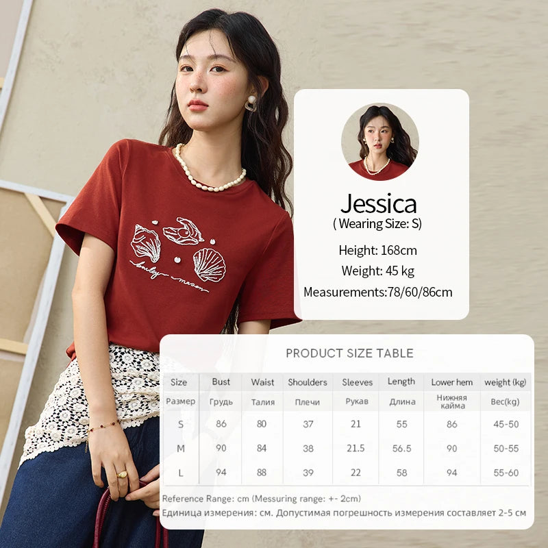 MISHOW Women's Shell Embroidered T-shirt 2025 Summer Short Sleeve Cotton Blend Tops Loose Slim Round Neck Casual Tees MXE34T0570