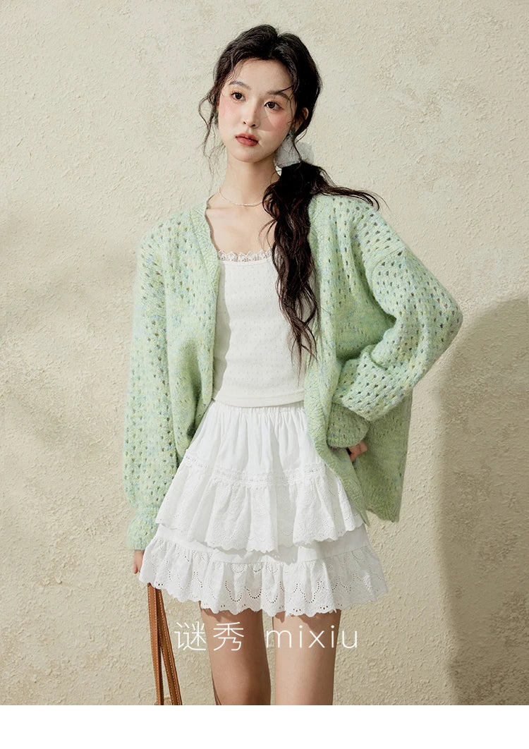 MISHOW Green Knitted Cardigan for Women Spring 2025 Loose Hollow Out Wave Neck Commuting Slim Open Stitch Cardigan MXE12Z1212
