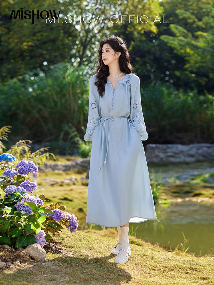 MISHOW French Hollow Lace Dress for Women 2025 Spring Vacation Slim Waist V-neck Dresses Loose Beach Fairy Dresses MXE12L2091