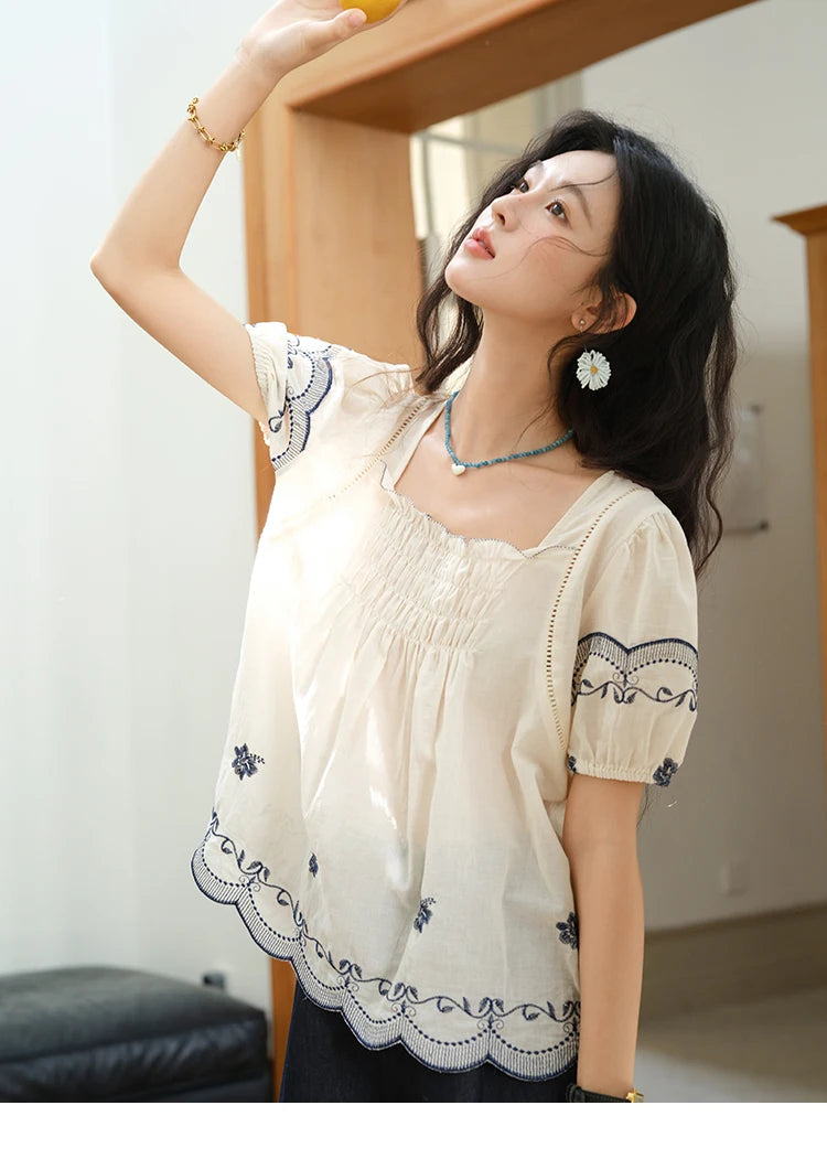 MISHOW Square Neck Puff Sleeve Women's Blouse 2025 Summer Fashion Flower Embroidery Hollow Out Blouse Female Clothing MXE39X1953