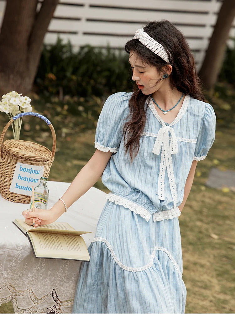 MISHOW Elegant Summer Skirts Sets Women 2025 Short Sleeve V-neck Tops Blue Stripe Lace A-line Skirt Woman Slimming MXE31T0531