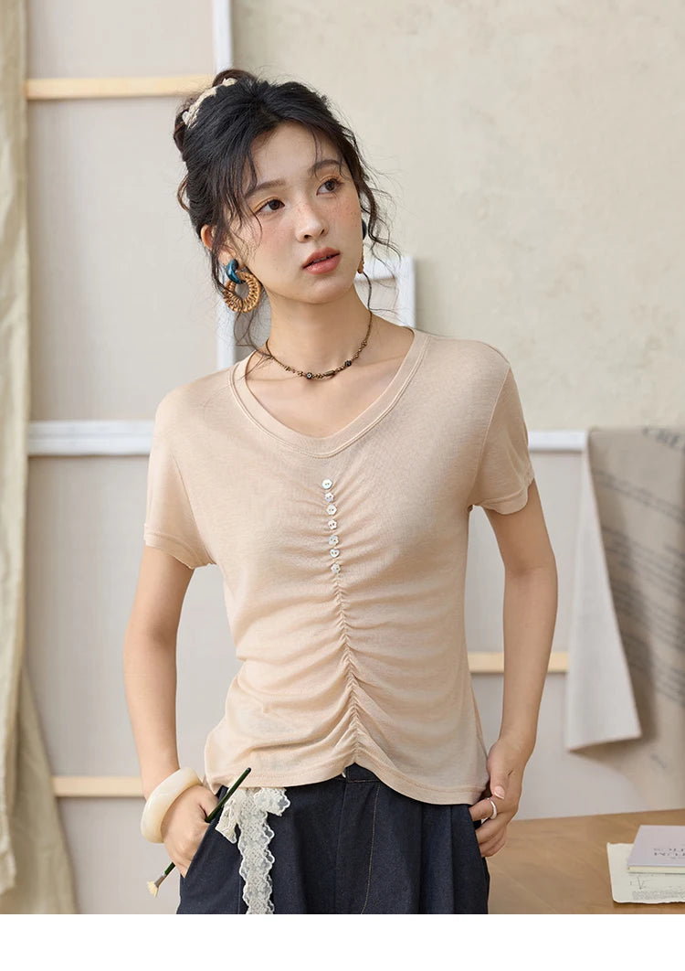 MISHOW V-neck Short Sleeve T-shirt Summer 2025 Mid Front Elastic Fold Single Row Shell Button Tees Casual Slim Tops MXE34T0560