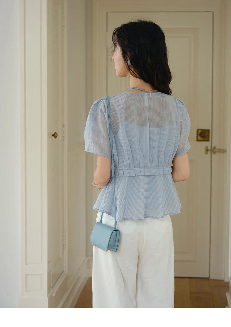 MISHOW Women's Fashion V-neck Blouse Summer 2025 New Splicing Button Commut Ladies Lace Up Casual Short Sleeve Top MXE34X1821