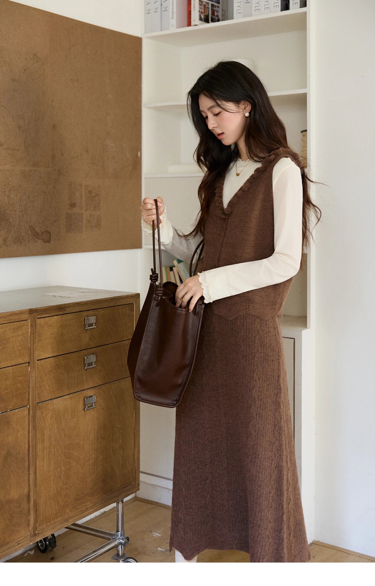 MISHOW Women's Brown Two-Piece Set 2026 Spring Knitted Vest V-Neck Cable Knit Maxi Skirt Casual Retro Warm Outfit MXF11T1460