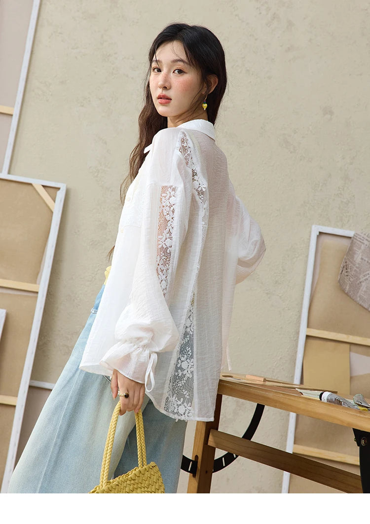 MISHOW Blend Patchwork Lace Cool Shirt Female Autumn 2025 Korean Loose Lapel Drop Sleeve Shirts Drawstring Cuffs Top MXE31C0789