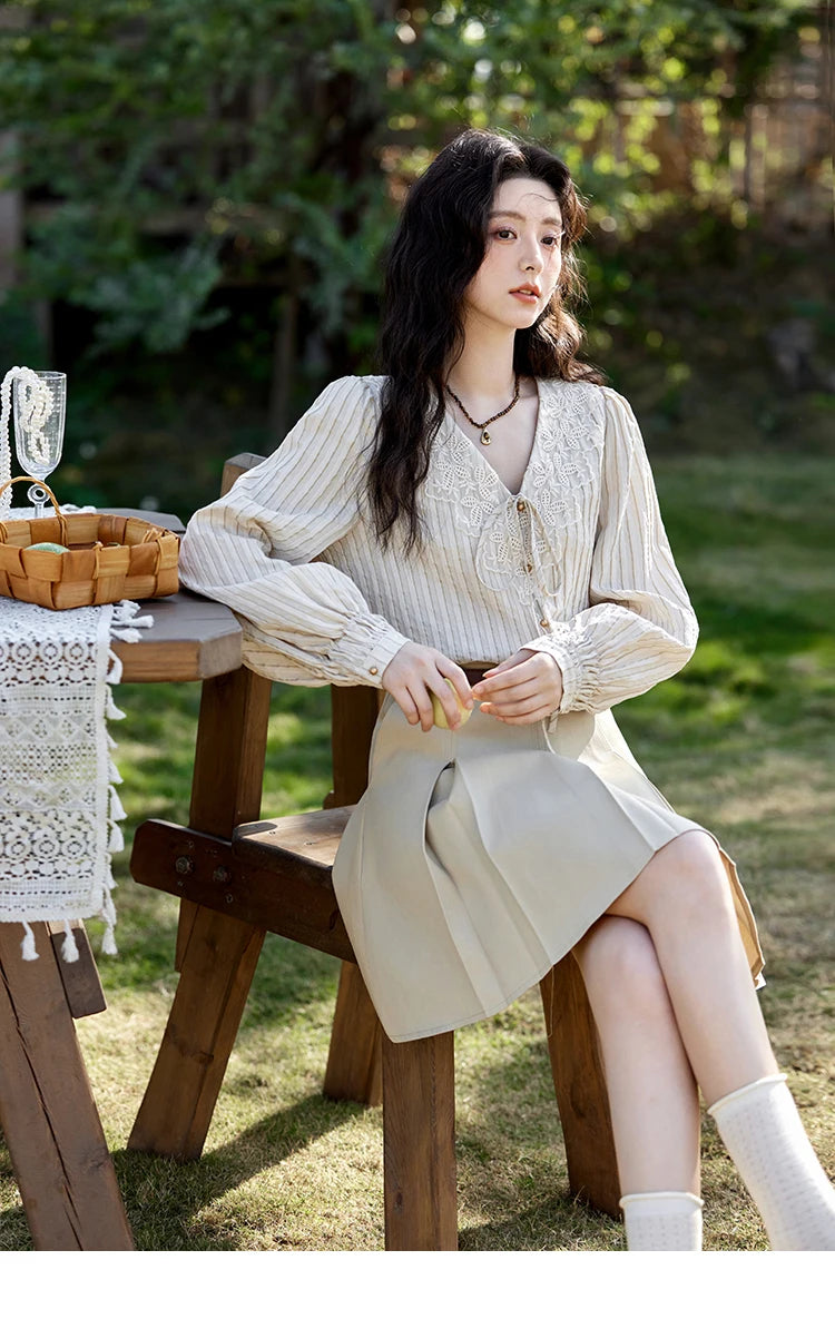 MISHOW French Retro V-neck Lace-up Striped Shirt for Women Spring 2025 Embroidered Lace Long Sleeve Top Casual Shirts MXE12X1715