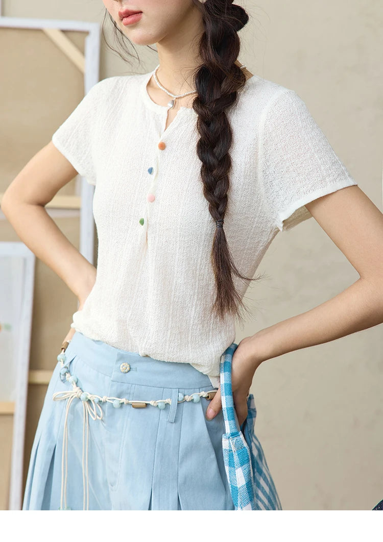 MISHOW Short Sleeved Knitted T-shirt for Women Summer 2025 Twisted Design Dopamine Button Tees Slim Breathable Top MXE34Z1243