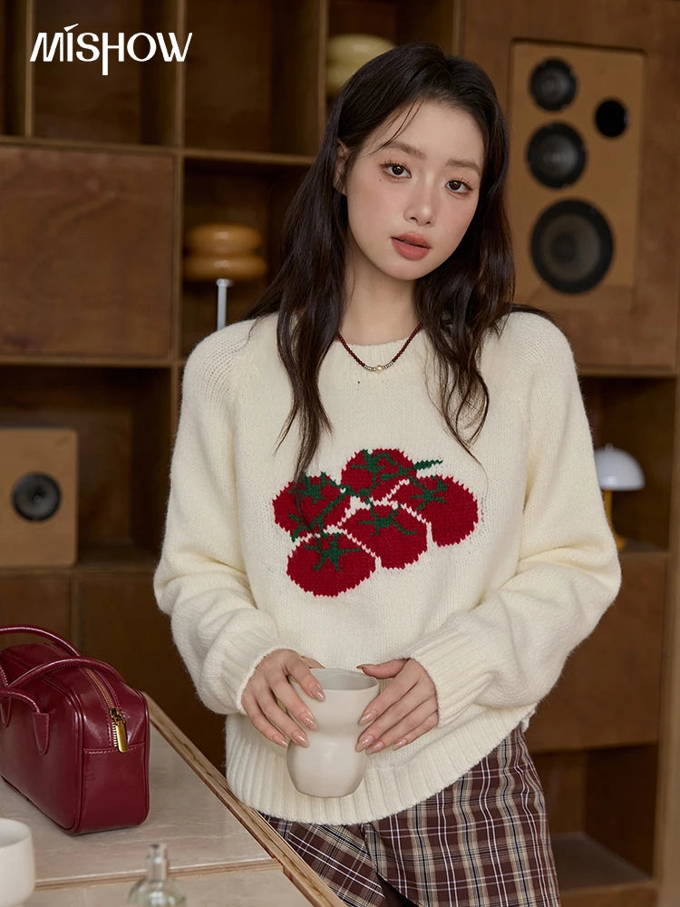 MISHOW Women's Off-white Sweater 2025 Winter new Tomato Jacquard Long-sleeved Sweater Loose Casual Knitted Pullover MXE51Z2692