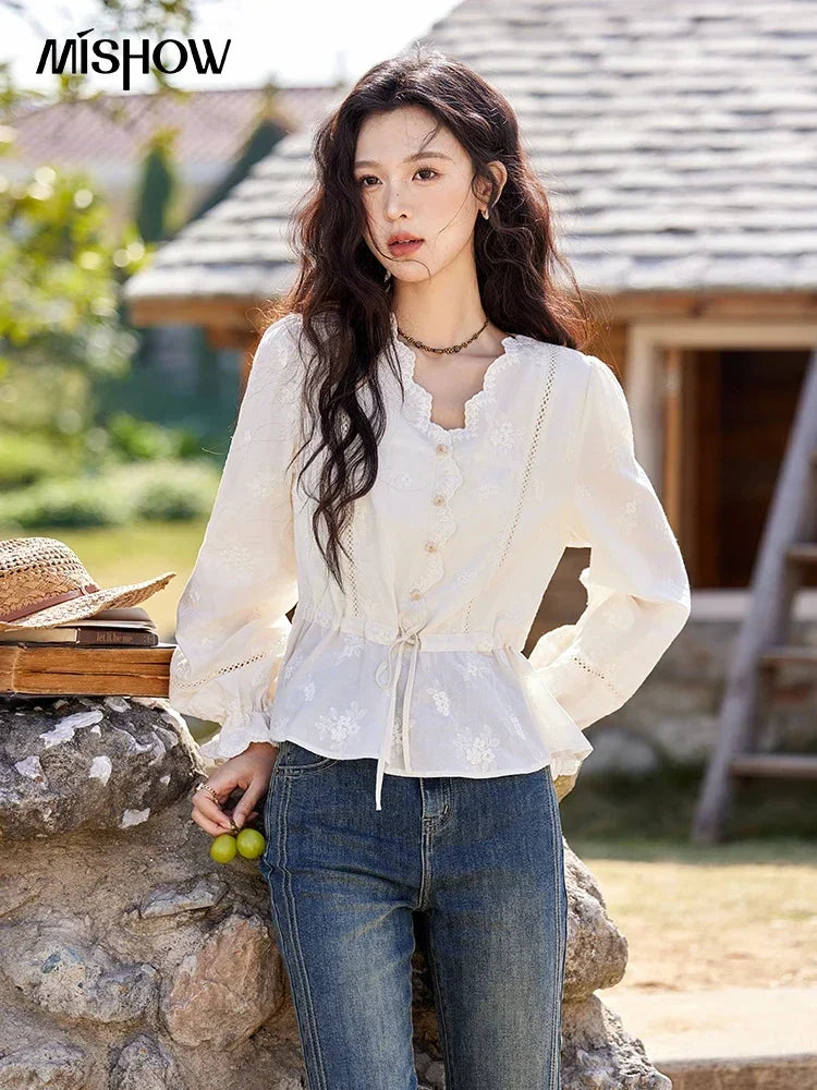 MISHOW Embroidered Blouse Women 2025 Spring New French Elegant Apricot Lace Premium Drawstring Design V Neck Tops MXE11X1708