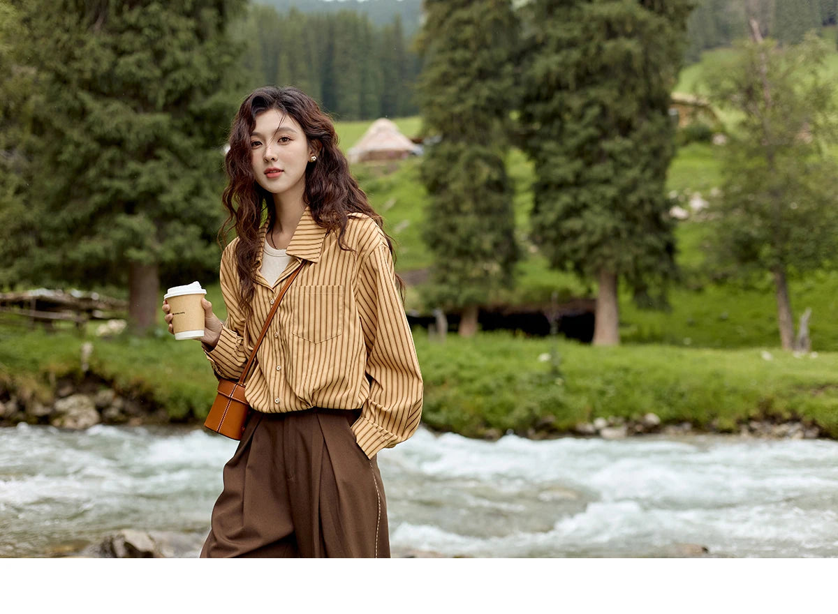 MISHOW Loose Lapel Collar Stripe Fake Two Piece Splicing Shirt for Women 2025 O-neck Asymmetric Square Pocket Shirts MXD43C0303