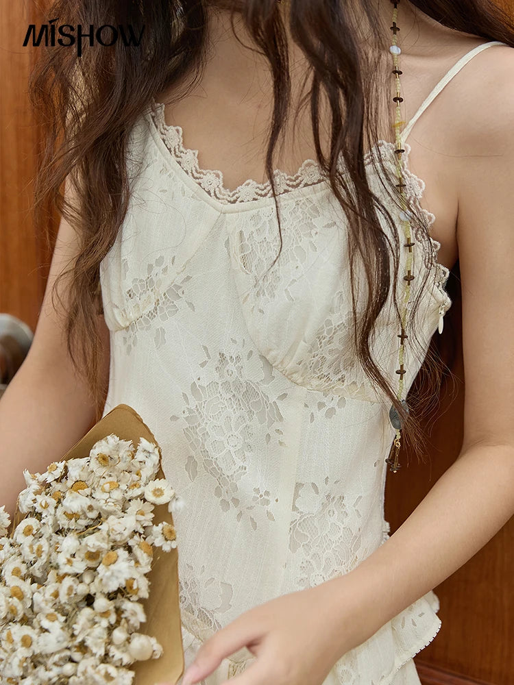 MISHOW Bohemian Apricot Lace Camisole Inner Dress Autumn Irregular Ruffle Tassel Hem Dresses Front Side Fork Dress MXE43L2449