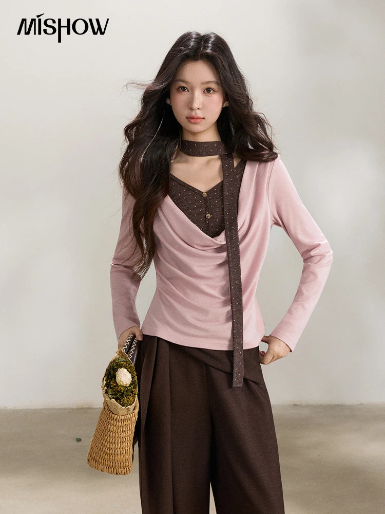 MISHOW Women's Wool Blend Fake Two Piece Draped Neck Knit Top 2026 Spring Wave Point Ribbon Contrast Color Casual Top MXF13Z2977