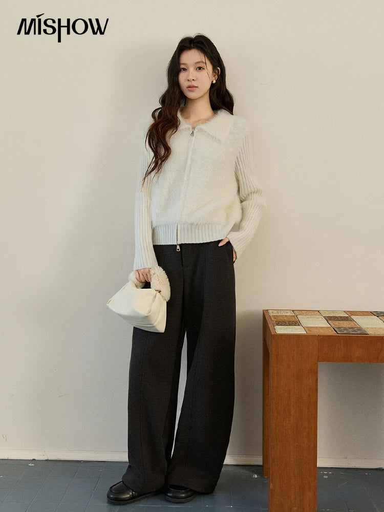 MISHOW Women's White Faux Fur Knit Cardigan 2025 Autumn Winter Fake Two-Piece Zipper Lapel Collar Warm Soft Outerwear MXE94Z2992