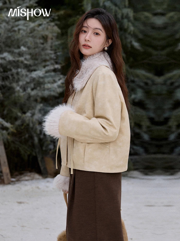 MISHOW Apricot Suede Jacket with Plush Collar Lapel for Women 2025 Winter Warm Overcoat Ladies Retro Thickening Coats MXE91W0987