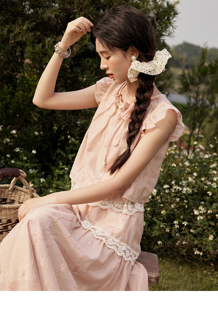 MISHOW Sweet Summer Skirt Sets Women New 2025 Short Flying Sleeve Round Neck Tops Hollow Embroidery A-line Skirt Lady MXE33T0545