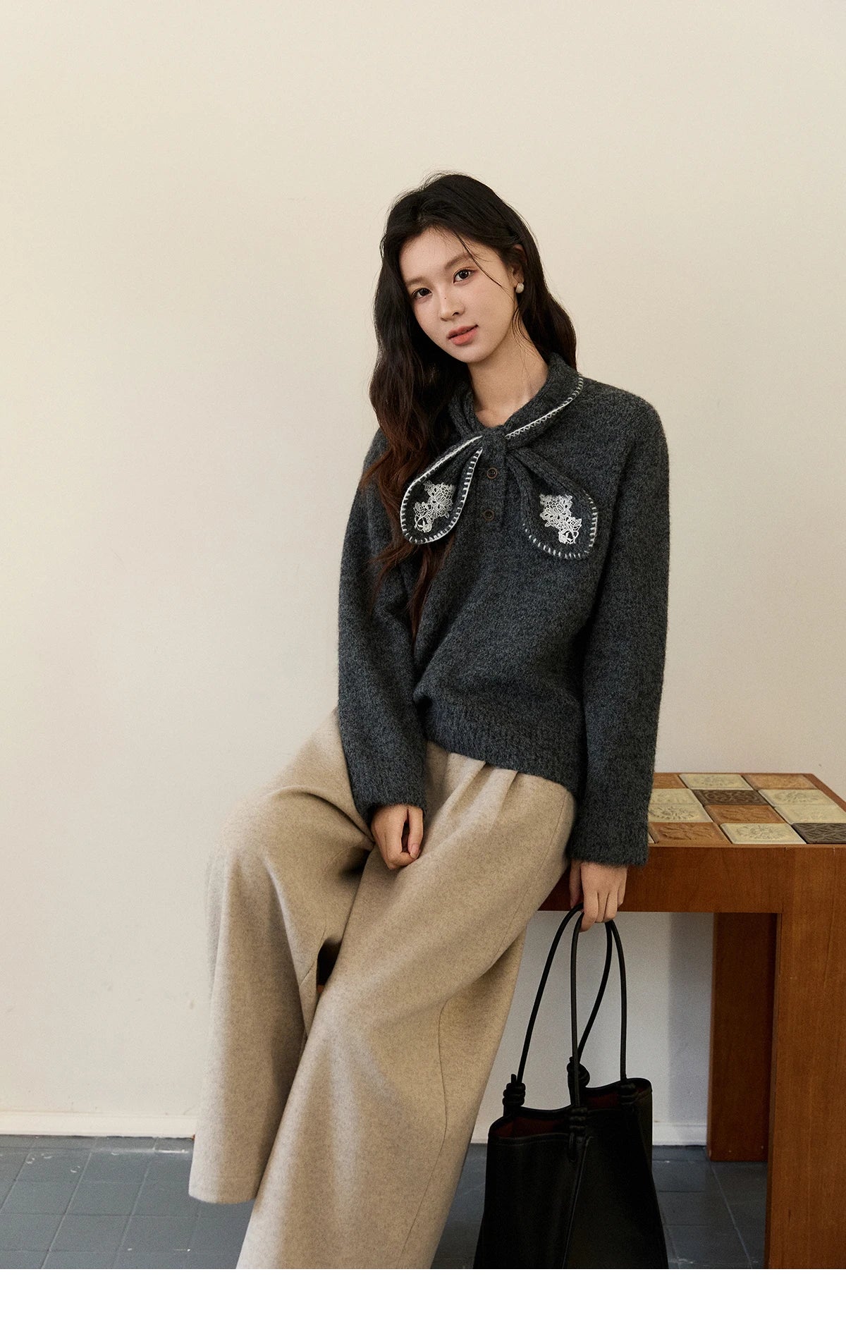 MISHOW Women's Yellow Knitted Sweater 2025 Autumn Winter Bow Collar Splicing Lace Tops Loose Warm Pullover Sweaters MXE94Z2971