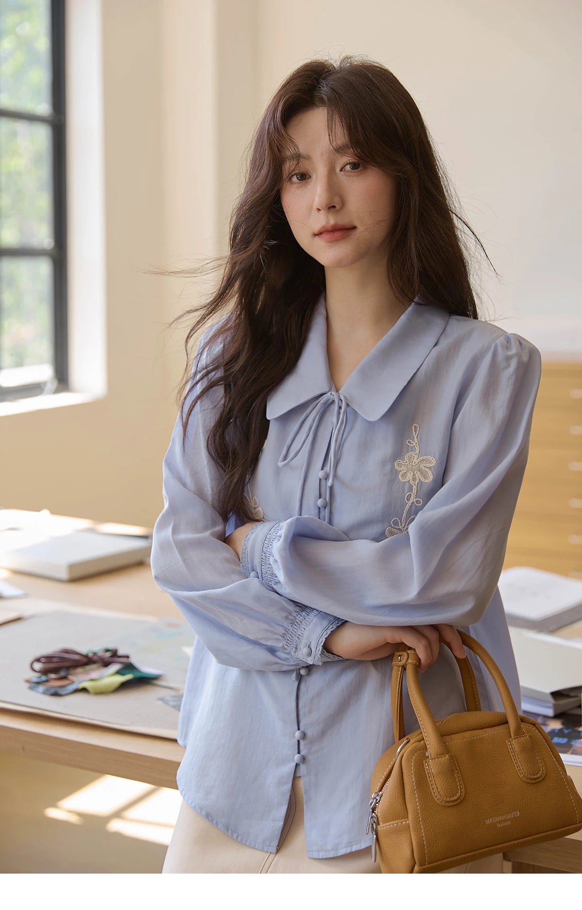 MISHOW Women's 100% Lyocell T-Shirt 2025 Autumn Flower Embroidered Tops Puff Sleeves Lapel Lace-up Shirts Office Lady MXE42C2371