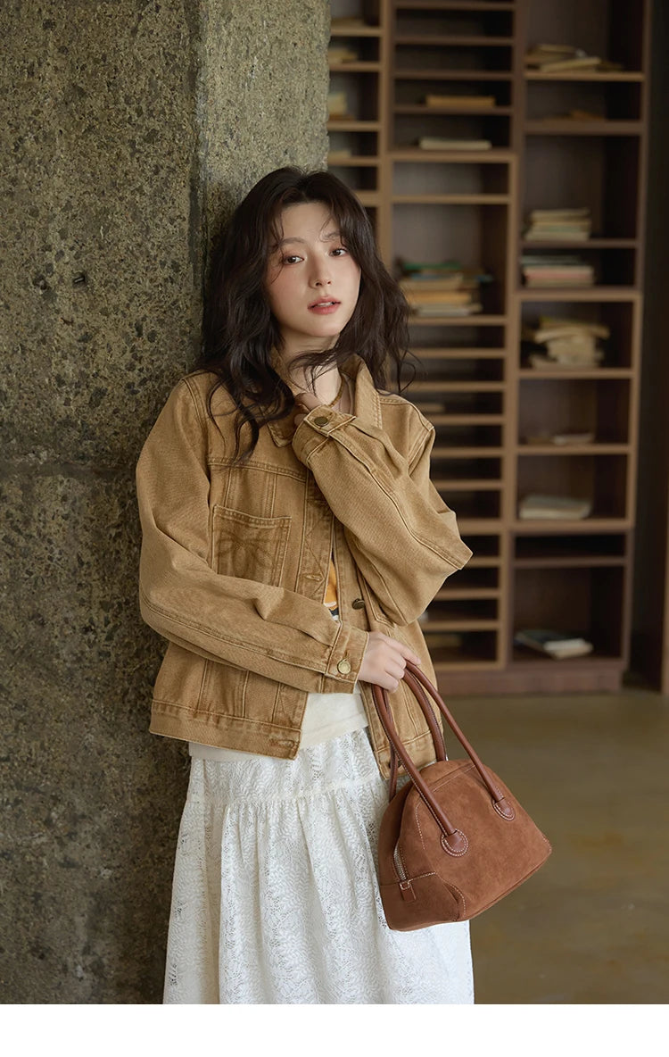 MISHOW Light Brown Vintage Denim Jacket for Women 2025 Autumn Embroidered Pockets Dropped Sleeve Retro Loose Jacket MXE41W0795