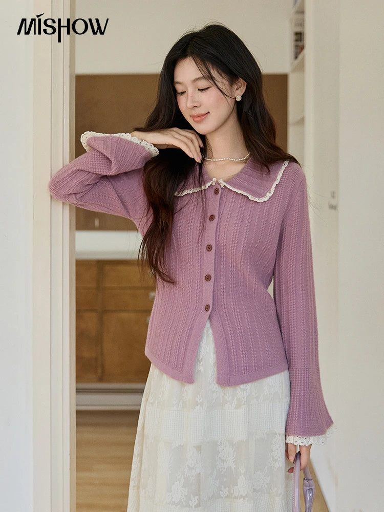 MISHOW Women's Lilac Flare Sleeve Knitted Cardigan 2026 Spring Peter Pan Collar Lace Trim Long Sleeve Slim Casual Top MXF11Z2994