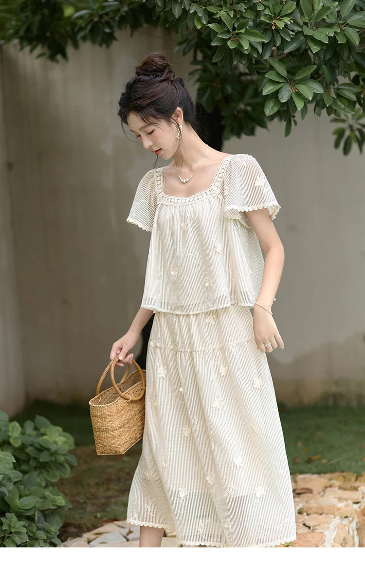 MISHOW Elegant Butterfly Flying Sleeve Blouses Elastic Waist Skirt Separately Summer Back Lace-up Top Midi Skirts MXD29X1559