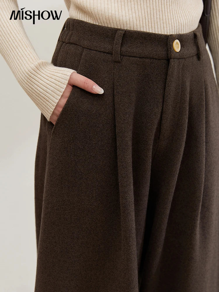 MISHOW Women Pants 2025 Autumn Winter Retro Brown Wide-leg Pants High Waist Design Loose Casual Drape Pants MXE88K1122