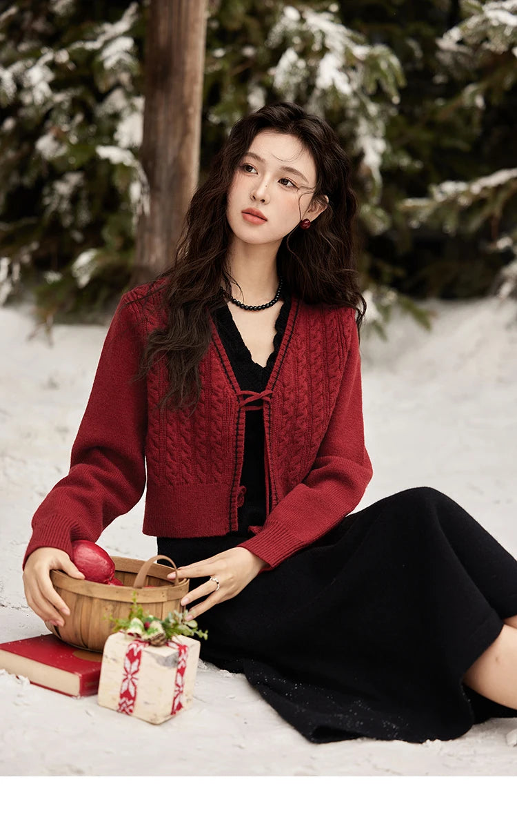 MISHOW Red Knitted Cardigan V-Neck Midi Dresses Separately A-LINE Temperament Grace Dress Flower Lace-up Warm Coat MXD58L2085