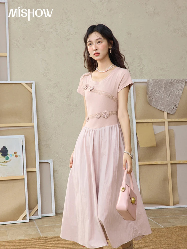 MISHOW Woven Patchwork Knitted Dress Female Summer 2025 French Waist Slim Long Dress Pink Round Neck Elegnat Dresses MXE36L2247