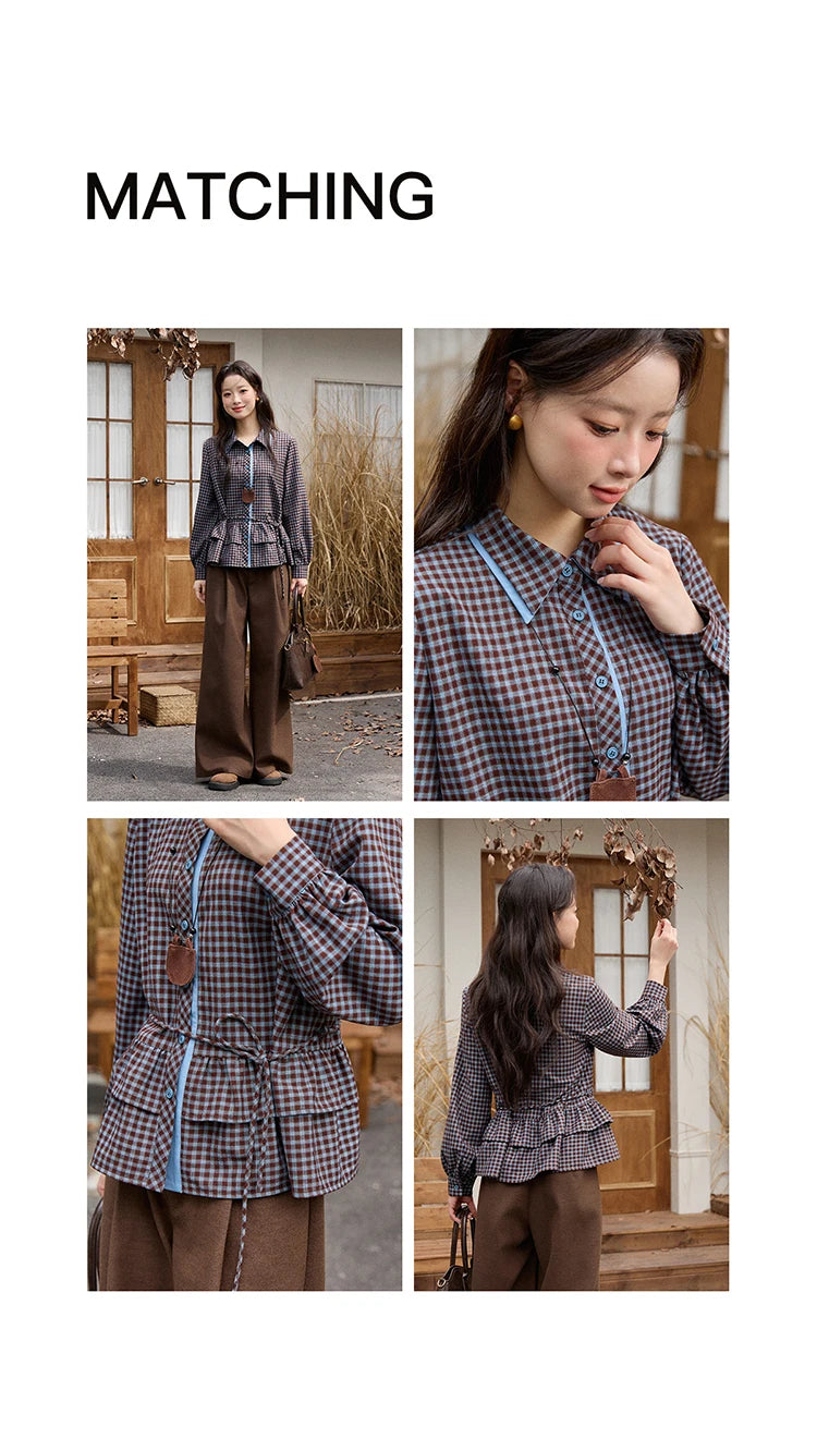 MISHOW Retro Blue Plaid Shirt for Women 2025 Autumn Winter Lapel Lantern Sleeves Ruffled Hem Top Slim Casual Shirt MXE89C2420