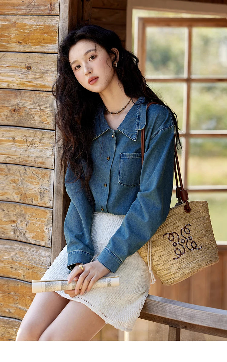 MISHOW Retro Washed Denim Shirt Spring 2025 Double Layered Patchwork Collar Shirt Metal Buckle Single Breasted Tops MXE12C0751