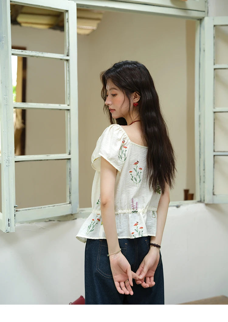 MISHOW Women's Fashion Flower Embroidery Blouse Summer 2025 Square Neck Lace Drawstring Short Top Ladies Clothing MXE37X1895