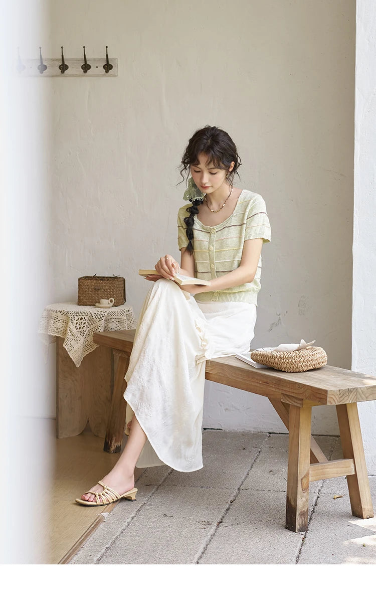 MISHOW Eegnat Lace Edge Skirt for Women Summer 2025 Ruffle Edge High Waist Slim A-line Long Skirt Solid Cake Skirts MXD30B0385