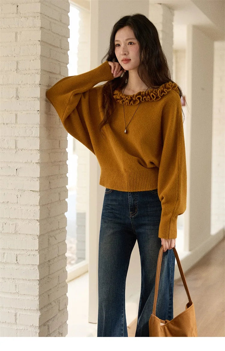 MISHOW Pullovers Women 2025 French Style Orange Lotus Edge Crew Neck Lantern Sleeves Top Slim Luxury Women's Sweaters MXE86Z2726