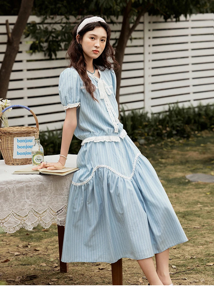 MISHOW Elegant Summer Skirts Sets Women 2025 Short Sleeve V-neck Tops Blue Stripe Lace A-line Skirt Woman Slimming MXE31T0531