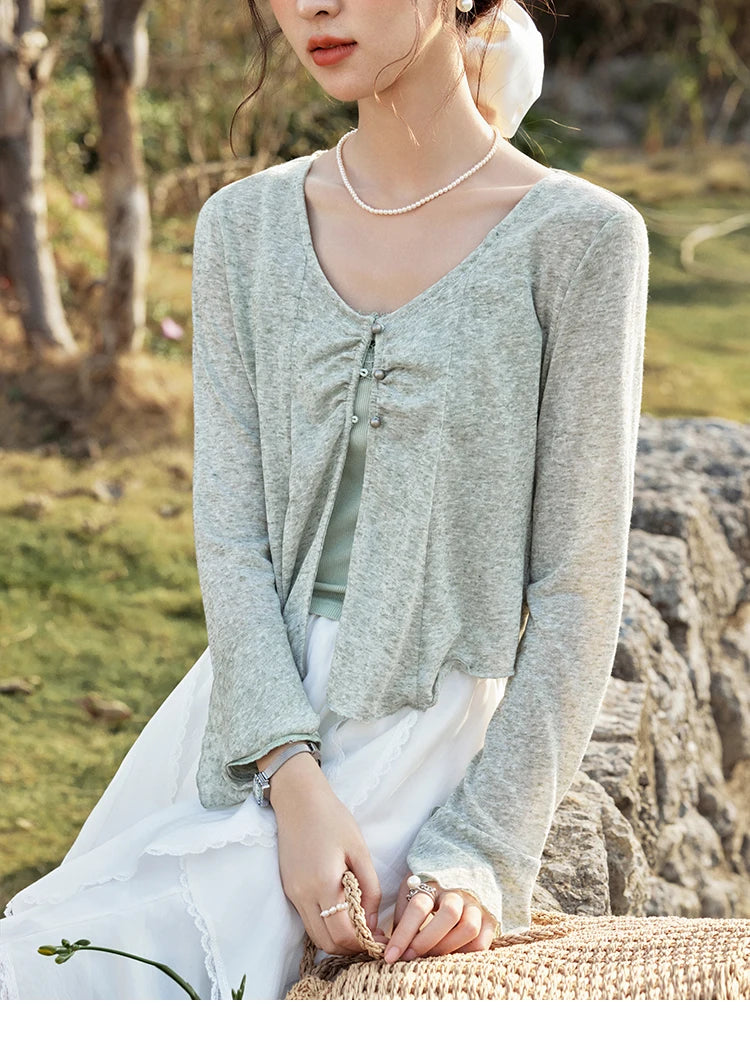 MISHOW Light Green Camisole Knit Cardigan Two-piece Set Spring Summer 2025 Lace Bow Camisole V-neck Cardigan Sets MXE15T0504