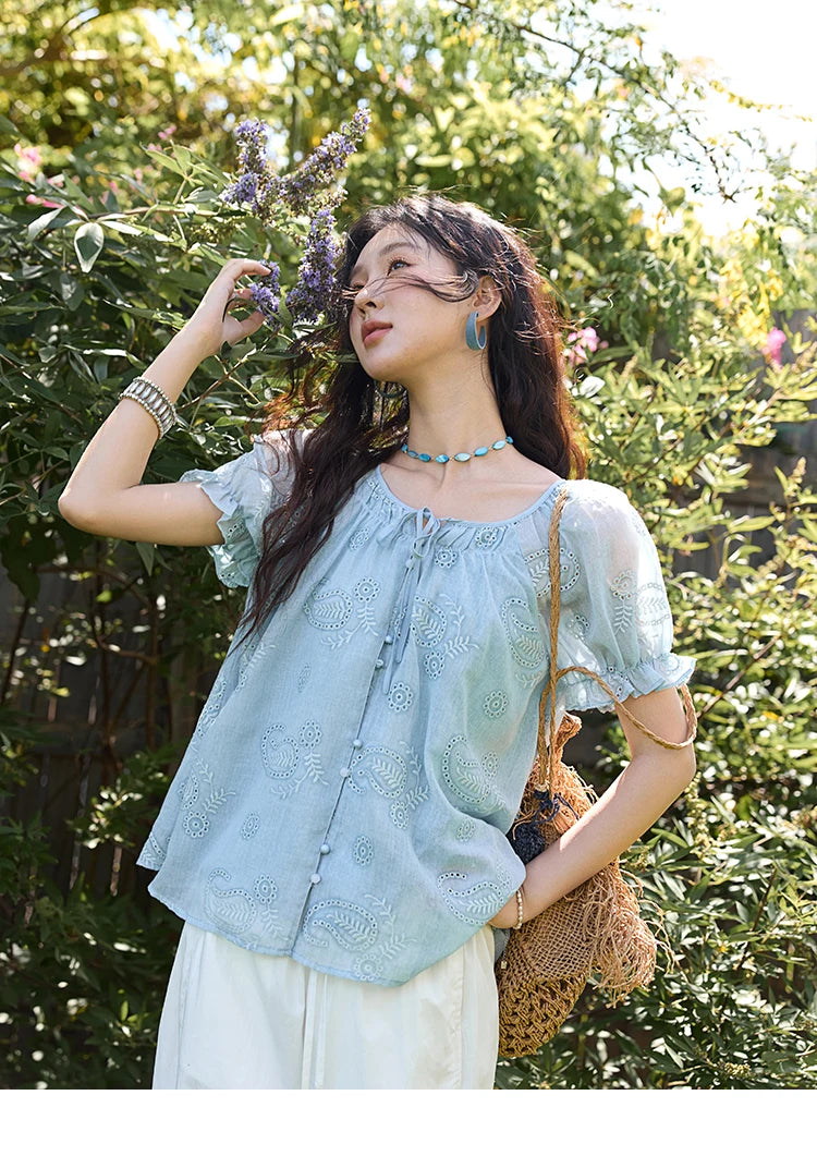 MISHOW Embroidery Flower Shirt for Women 2025 Summer New Fashion Loose Puff Sleeve Round Neck Top Female Clothing MXE39X1922