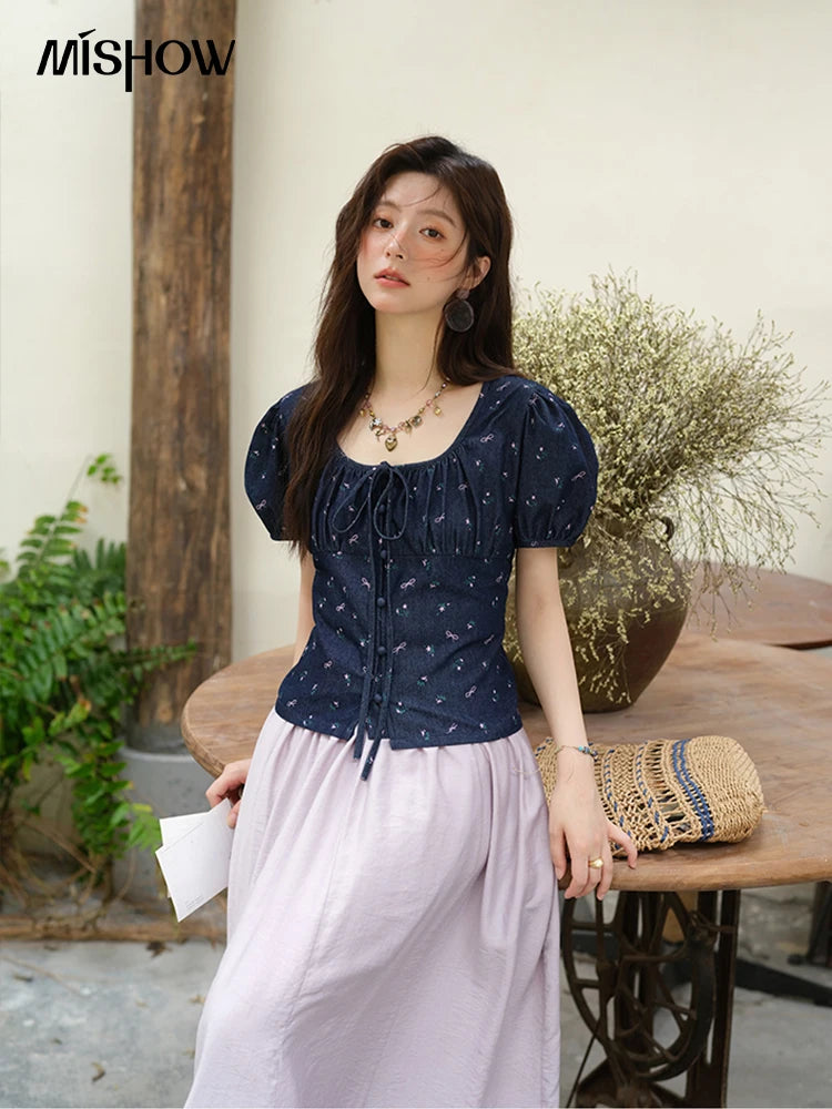 MISHOW Fashion Puff Sleeve Square Neck Blouse for Women 2025 Summer Lace Up Button Print Denim Top Women's Clothing MXE39X1933