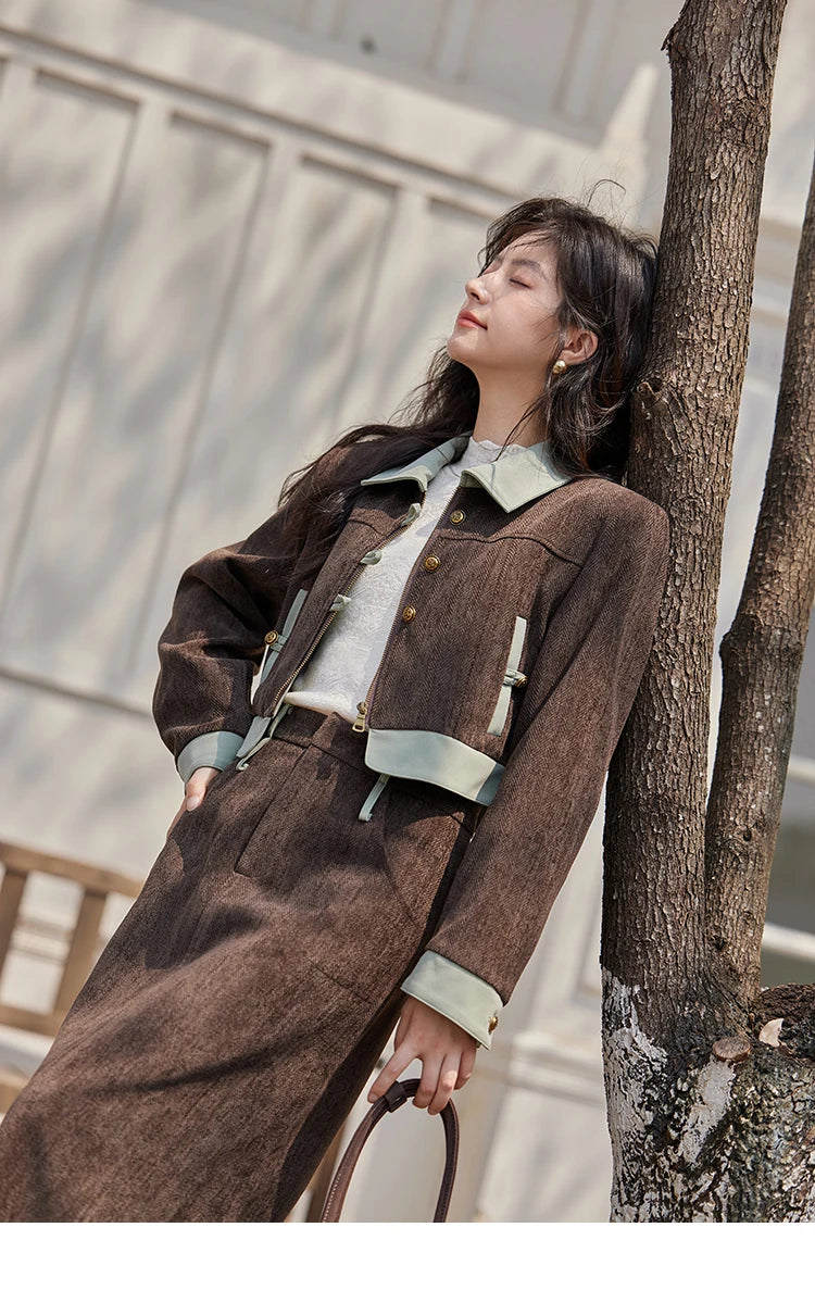 MISHOW Fragrant Jacket Rear Hem Slit Skirt Separately 2024 Winter Lapel Jackets Splicing Contrasting Leather Skirts MXD43W0444
