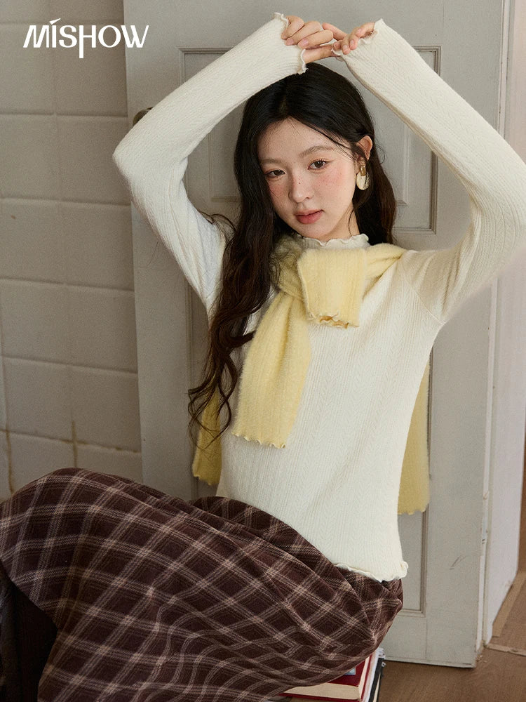 MISHOW Women's One Piece Velvet Thickened Bottom Tops 2025 Winter Versatile Black Fungus Edge Collar Knitted Tops MXE88Z2597