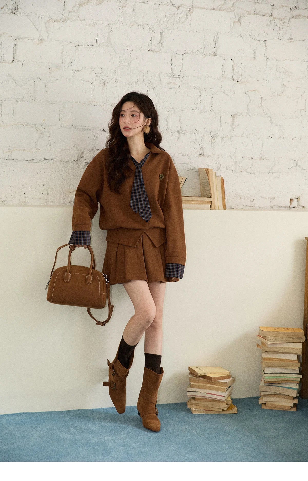 MISHOW Woman Skirt Suit 2025 Winter College Style Fake 2-piece Spliced Sweatshirt Pleated Skirt Casual Woman Sets MXE86T1447