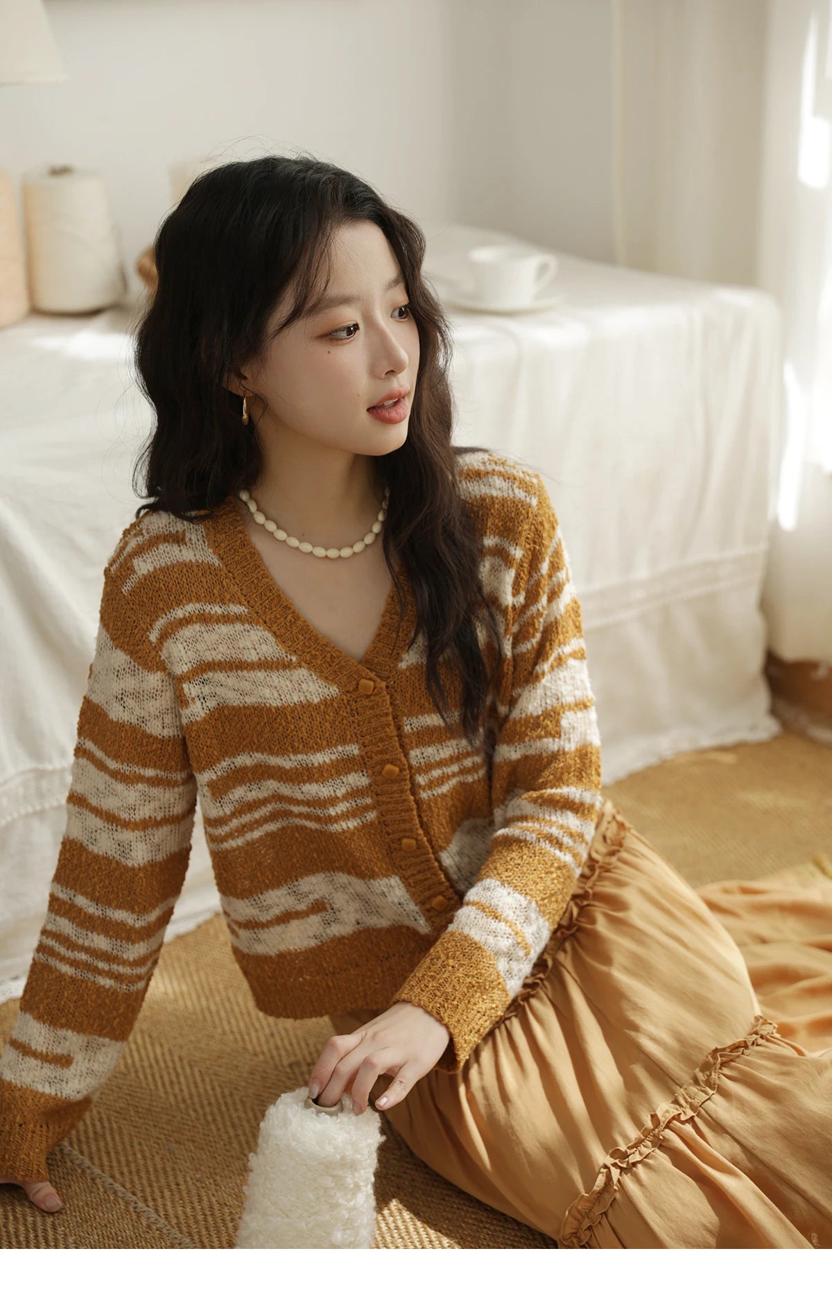 MISHOW Women's Striped Cardigan 2025 Autumn New Retro Yellow V-neck Long Sleeves Single-breasted Short Sweater Coats MXE44Z2516