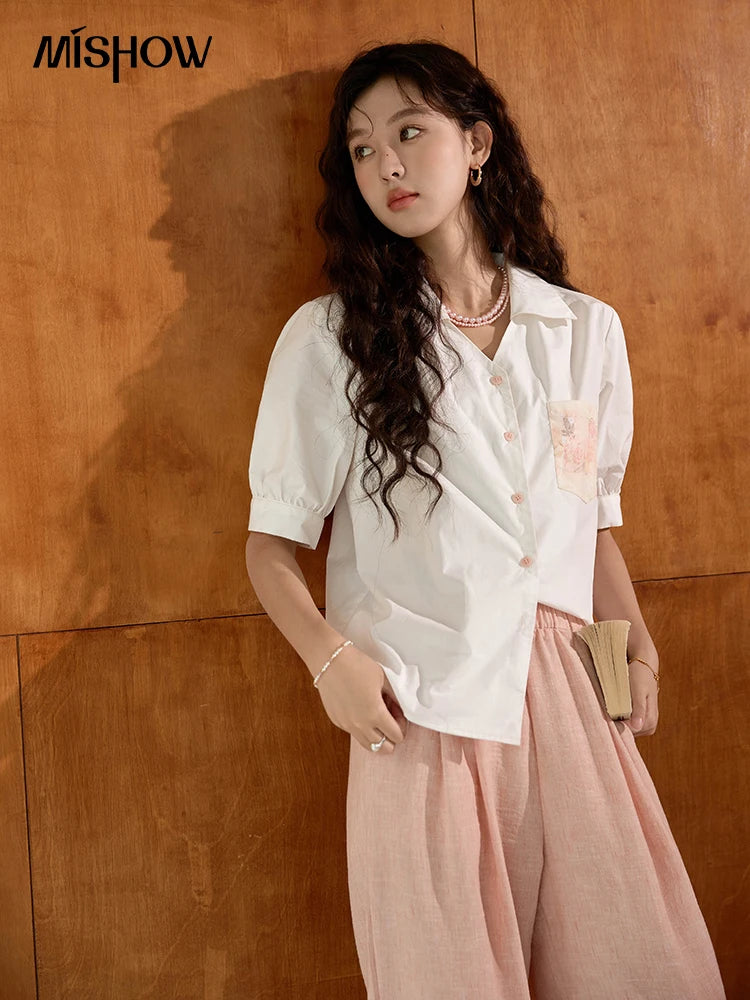 MISHOW Women's 100 Cotton Short Sleeved Shirt Loose 2025 Summer Embroidered Pocket Top Polo Neck Puff Sleeve Shirts MXD26C0243