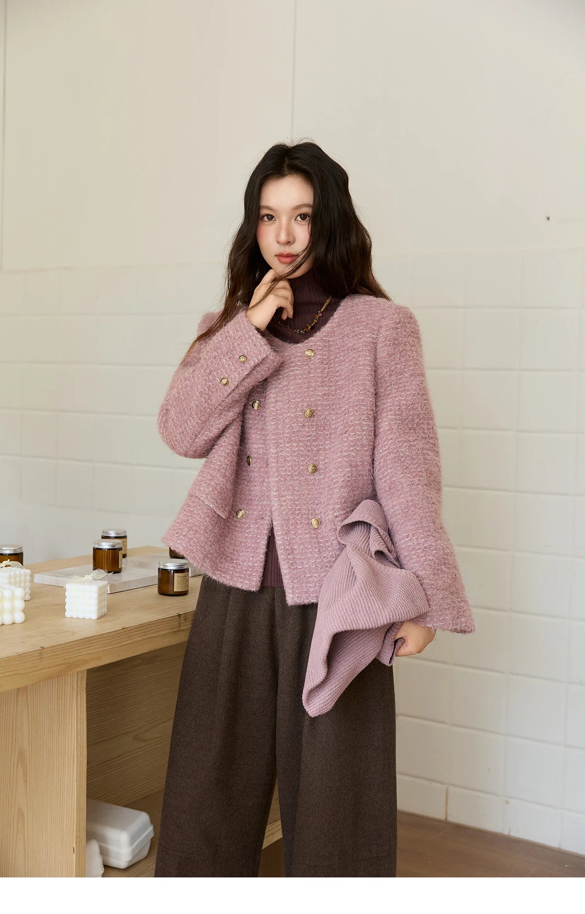 MISHOW Wool Coat Woman 2025 Purple Luxury O-neck Double-breasted Tweed Coat Commute Short Jacket Winter Clothes MXE88W0881