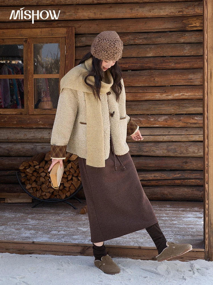 MISHOW Woman Plaid Patchwork Lamb Wool Coat 2025 Winter Round Neck Coat Commute Warm Loose Jacket (Without A Scarf)MXE90W0923