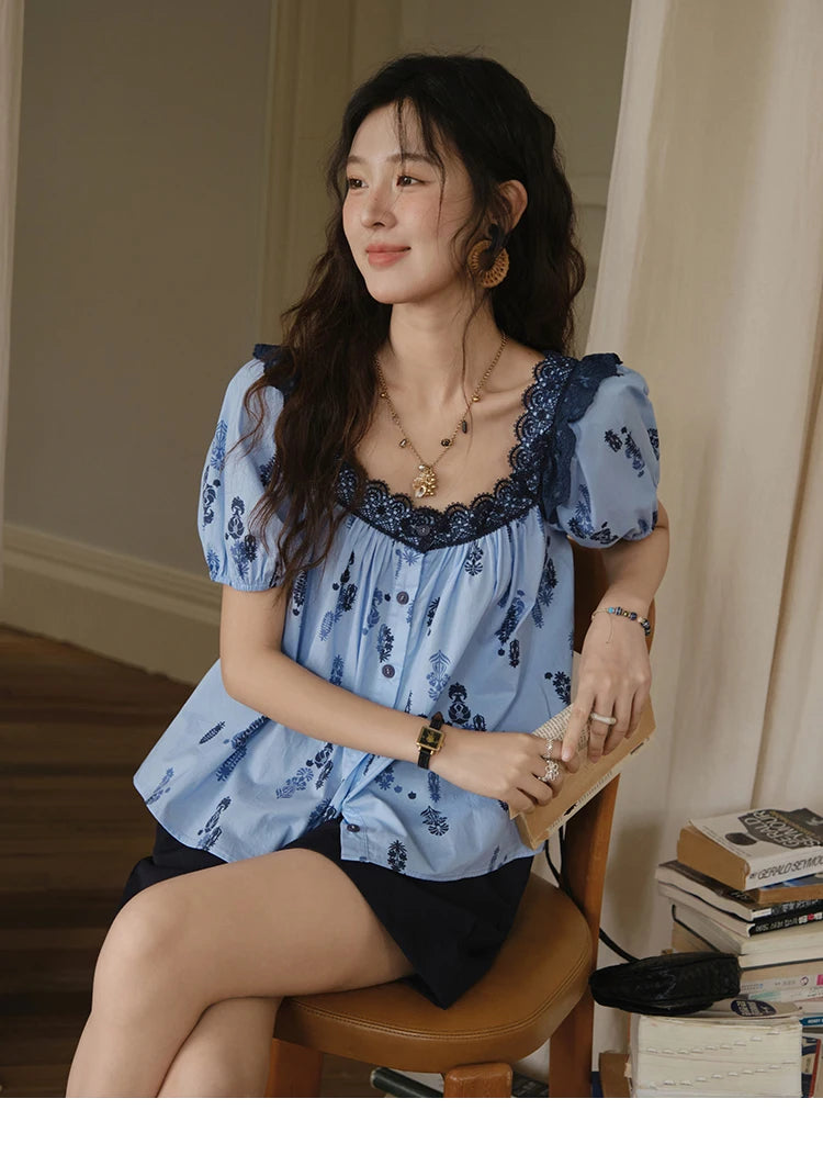 MISHOW Fashion Print Cotton Shirt for Women 2025 Summer New Puff Sleeve Lace Splicing Retro Blue Casual Button Top MXE35X1842