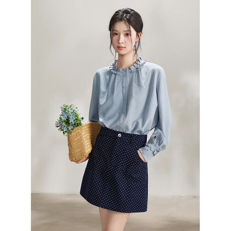 MISHOW Women's Peach Skin Solid Shirt 2026 Spring Ruffled Crew Neck Single-breasted Tops Casual Long Sleeve Shirts MXF11C2431