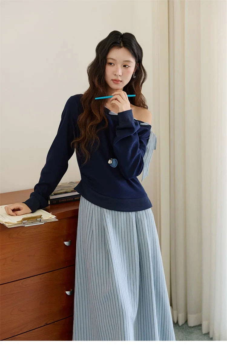 MISHOW Woman Striped Dress 2025 Autumn Blue Navy Slash Neck Contrast Lace Long-sleeved Dress Sexy Clothes for Women MXE45L2516