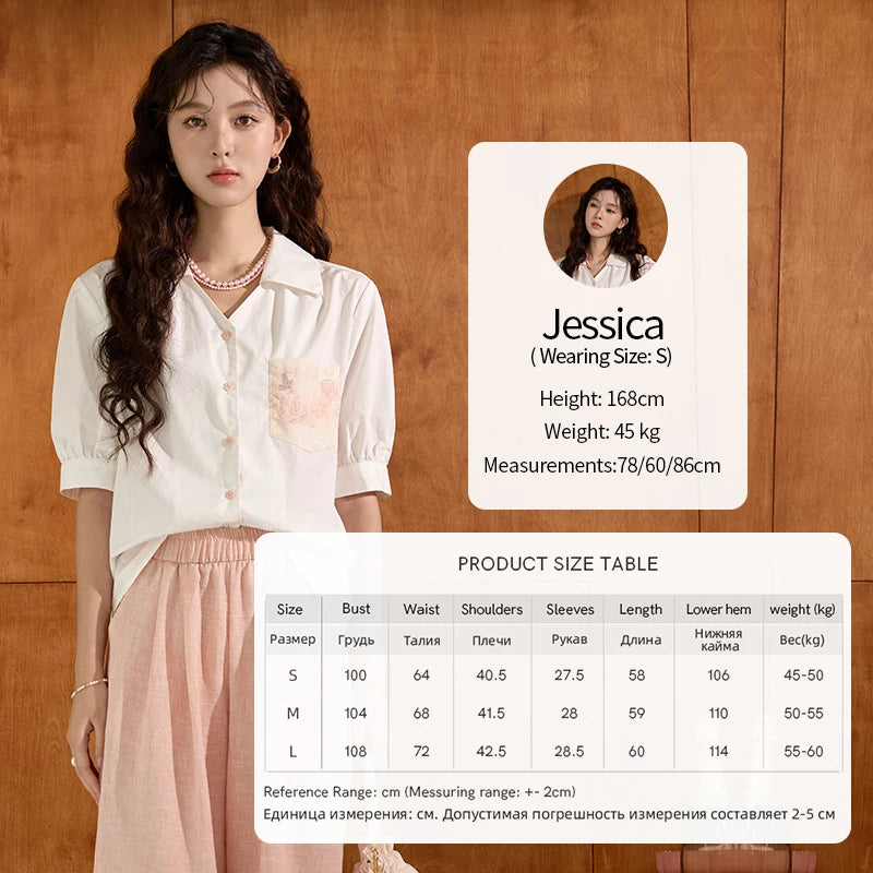 MISHOW Women's 100 Cotton Short Sleeved Shirt Loose 2025 Summer Embroidered Pocket Top Polo Neck Puff Sleeve Shirts MXD26C0243