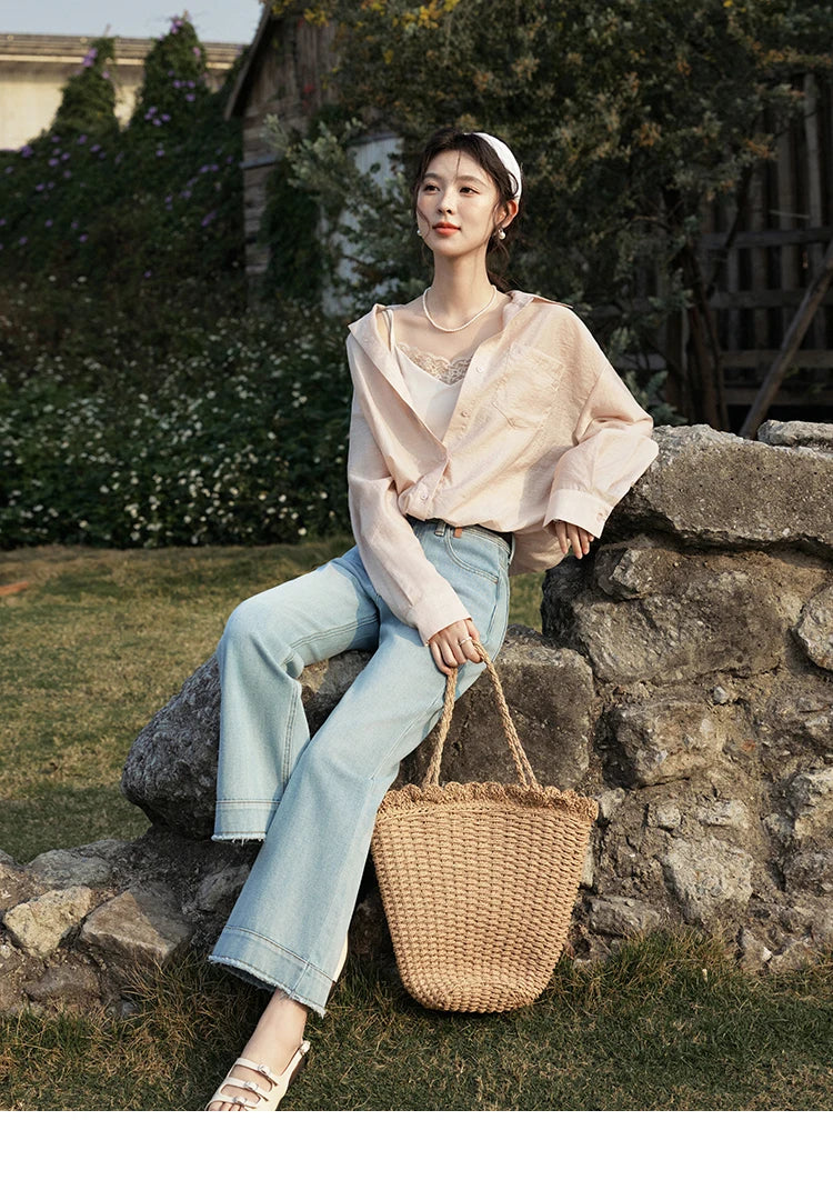 MISHOW Casual Spring Shirt Women New 2025 Long Sleeve Turn-down Collar Fake Two-piece Blouses Lady Fashion Loose Tops MXE16C0777