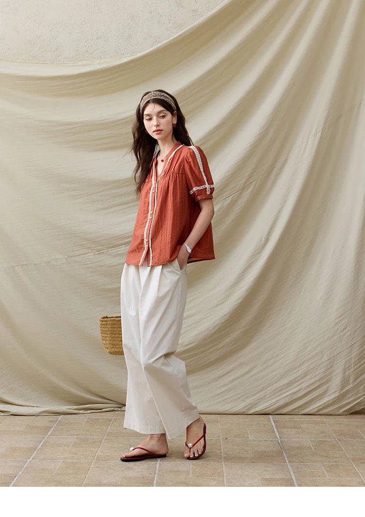 MISHOW French New Blouses Women Summer New 2025 Short Sleeve V-neck Color Matching Shirts Female Fashion Lazy Style MXE31X1766