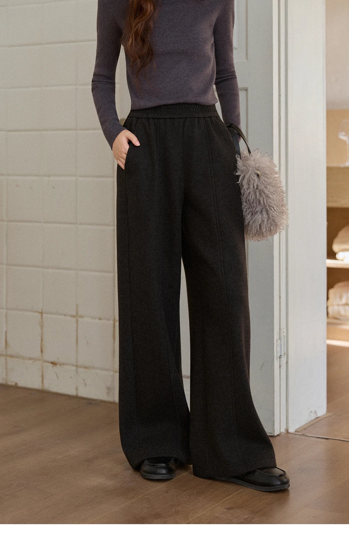 MISHOW High Waist Wide Leg Pants for Women 2025 Winter Casual Loose Thick Fleece Warm Knit Pants Straight Trousers MXE92K1127